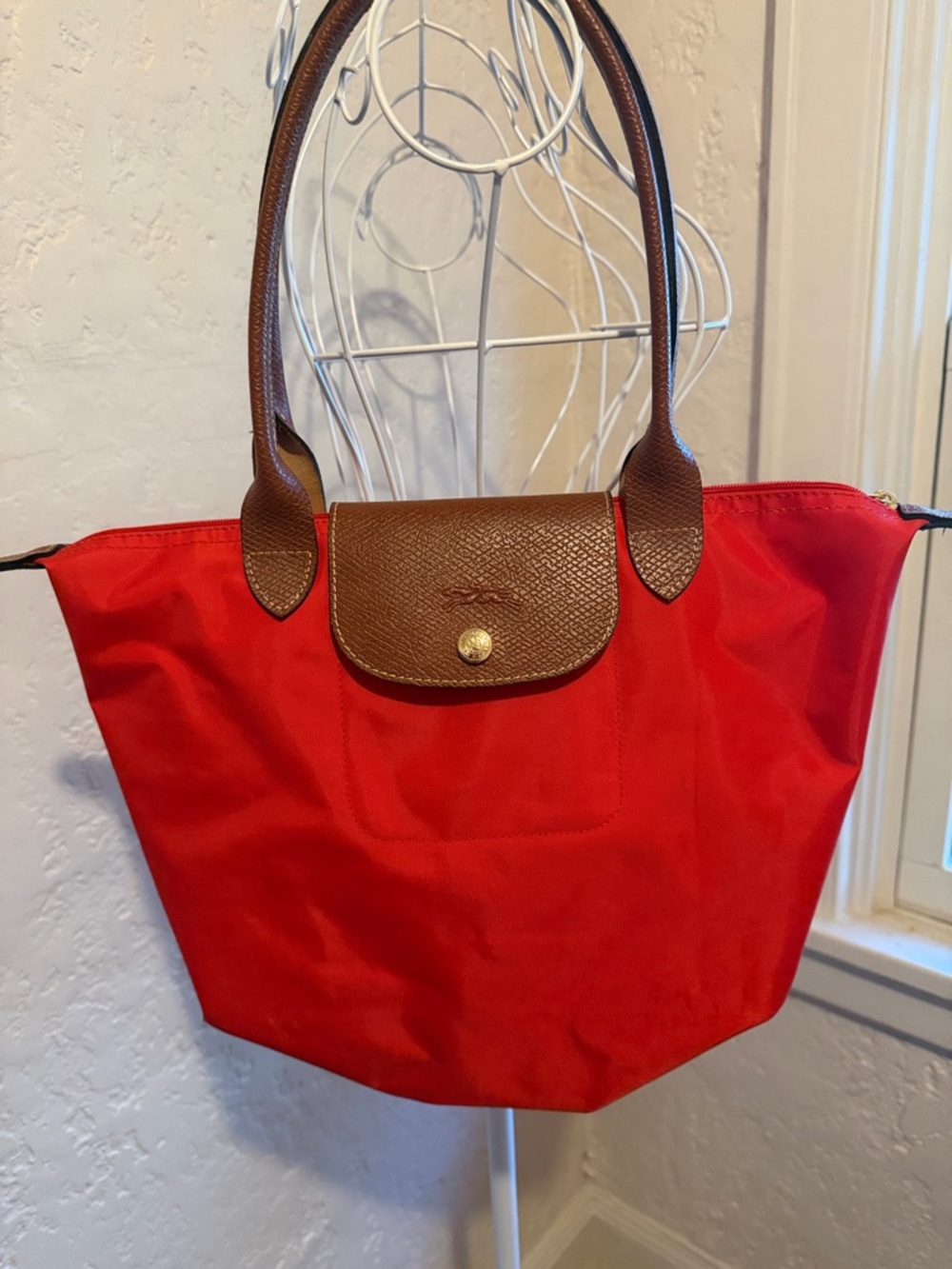Longchamp Red Tote with Brown Leather Trim